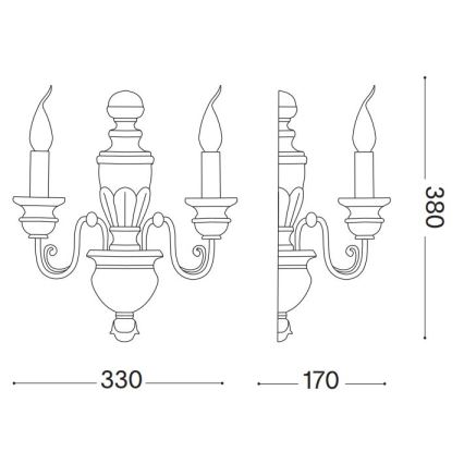 Dvojramenná nástenná lampa s klasickým dizajnom, zobrazená v čelnom a bočnom náhľade s rozmermi 330 x 170 x 380 mm.