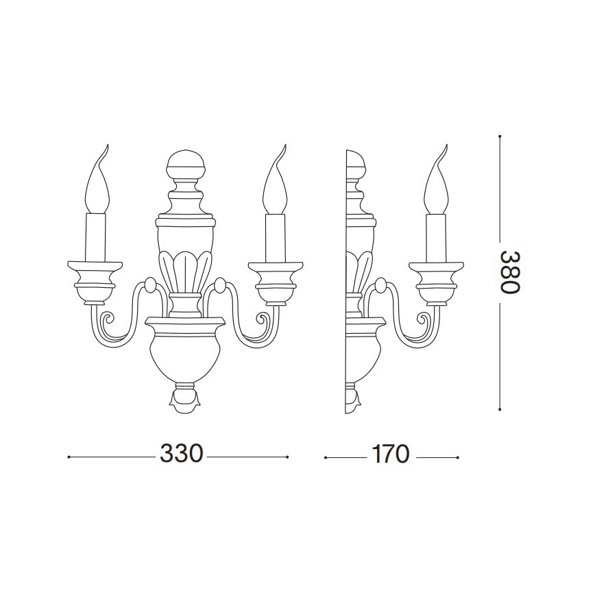 Dvojramenná nástenná lampa s klasickým dizajnom, zobrazená v čelnom a bočnom náhľade s rozmermi 330 x 170 x 380 mm.