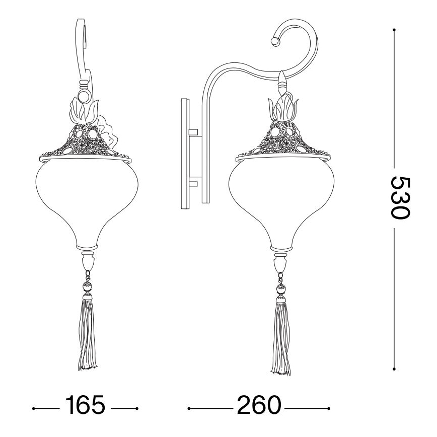 Nástená lampa s tvarom vázy, zdobená strapcami, sa montuje na stenu. Rozmery: výška 530 mm, šírka 260 mm, dĺžka strapca 165 mm.