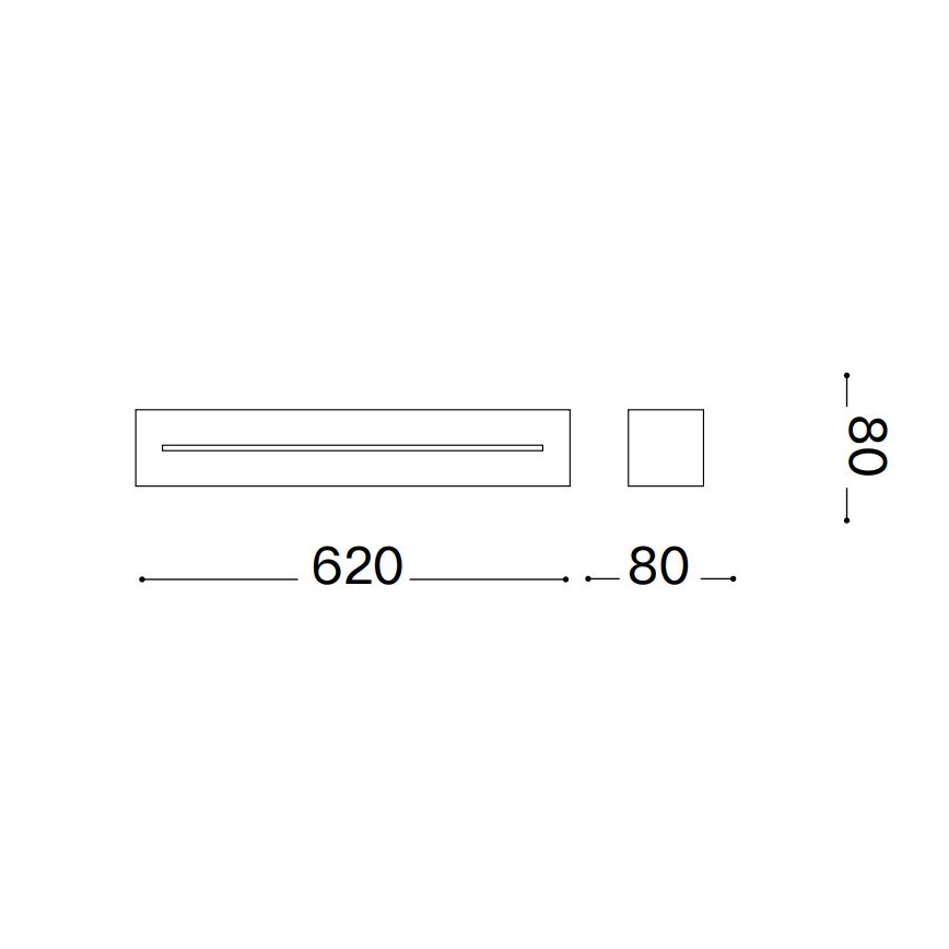 Dlhý obdĺžnikový objekt s úzkou priečnou čiarou v strede, zobrazený s rozmermi 620 x 80 mm. Súčasťou schémy je aj menší štvorcový objekt.