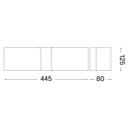 Dvojdielny obdĺžnikový objekt s rozmermi 445 x 125 mm a priľahlým štvorcovým objektom s rozmermi 80 x 125 mm. Je to technický výkres.