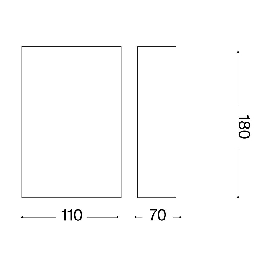 Dva obdĺžniky zobrazujú rozmery; väčší má šírku 110 a výšku 180, menší šírku 70 a výšku 180. Sú umiestnené vedľa seba.