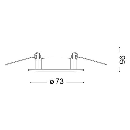 Svietidlo s priemerom 73 mm a výškou 95 mm je zobrazené v čelnom pohľade. Je pripevnené pomocou dvoch ramienok.