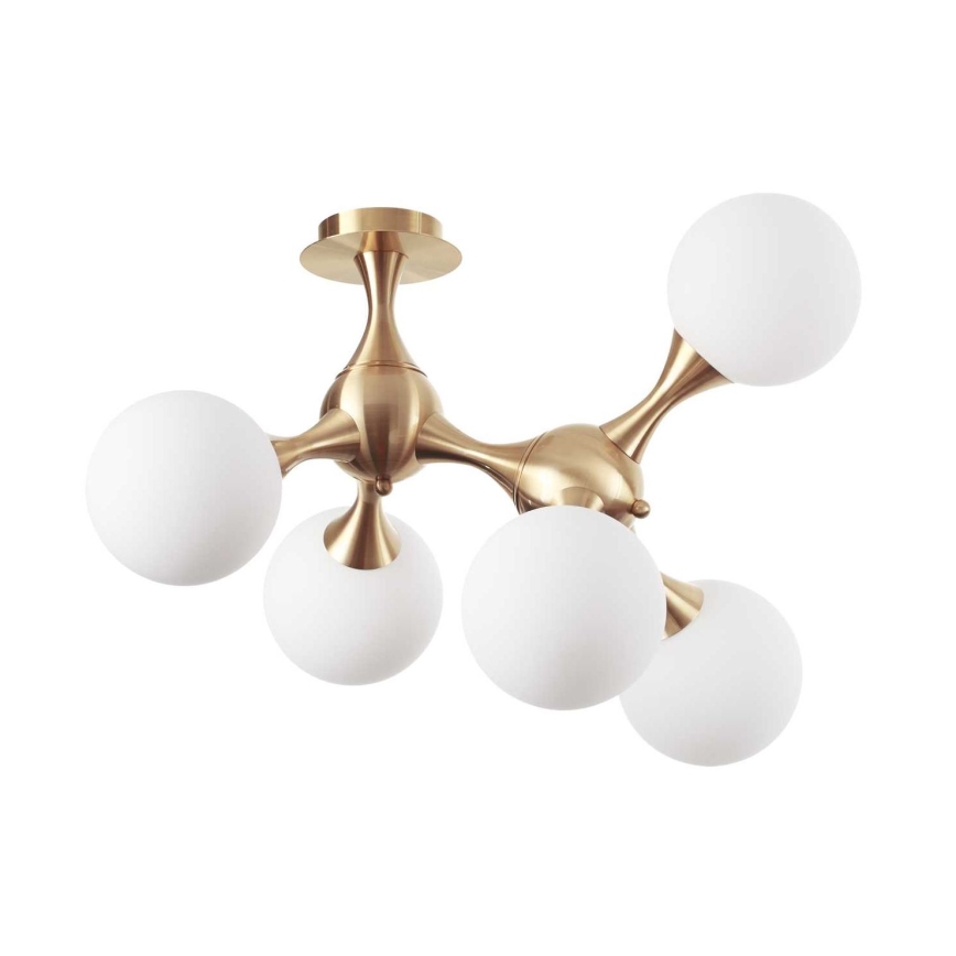 Lustr s piatimi bielymi guľovitými tienidlami sa pripevňuje na strop. Zlatá kovová konštrukcia lustru je rozvetvená. Svetlo je určené do interiéru.