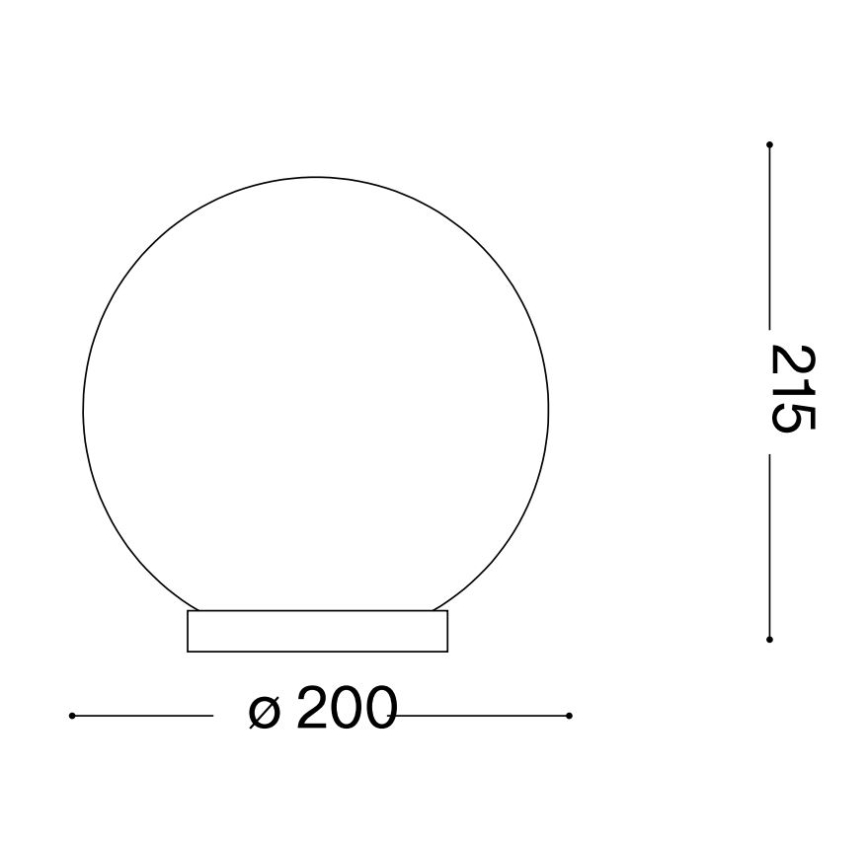Guľová lampa s priemerom 200 mm a výškou 215 mm je zobrazená v čiernobielej schéme. Lampa má malú plochú podstavu.