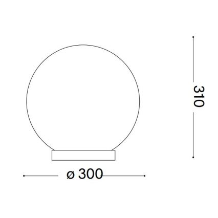Guľová lampa s priemerom 300 mm a výškou 310 mm stojí na plochej podstave. Je znázornená čiernobielou technickou kresbou.