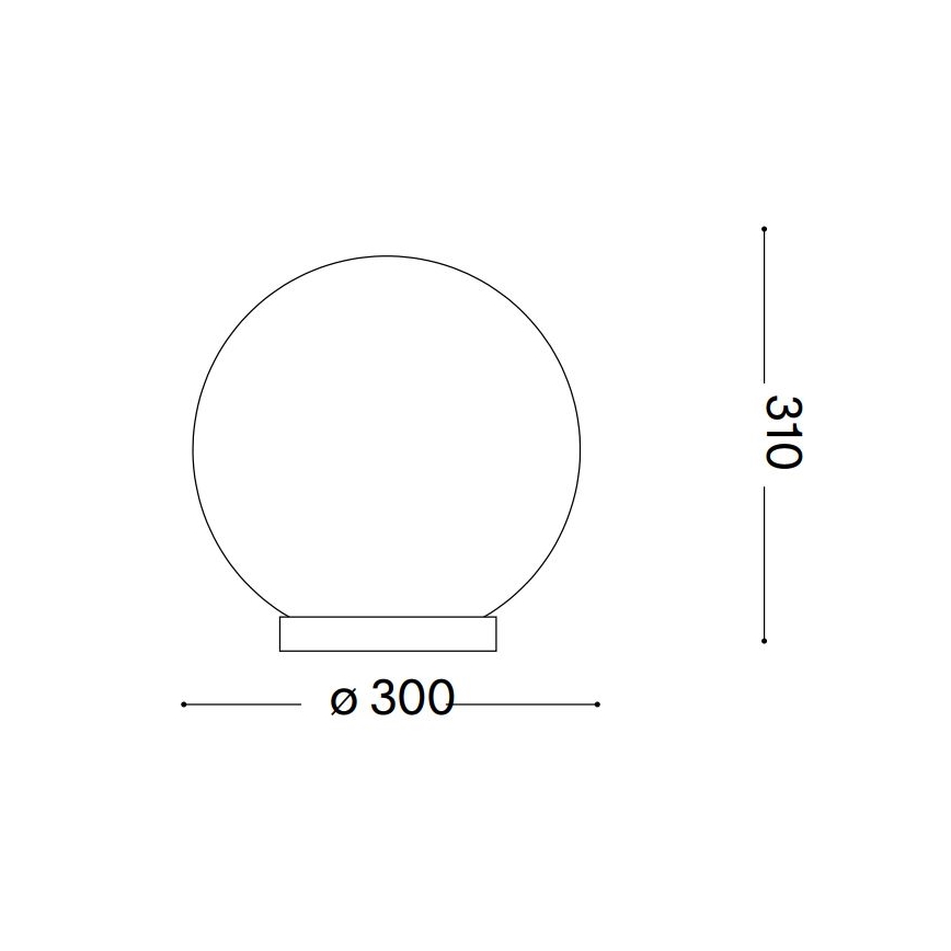 Guľová lampa s priemerom 300 mm a výškou 310 mm stojí na plochej podstave. Je znázornená čiernobielou technickou kresbou.