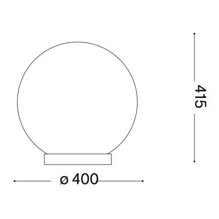 Guľatá lampa s priemerom 400 mm a výškou 415 mm stojí na malej podstave. Je znázornená čiernobielym technickým nákresom.