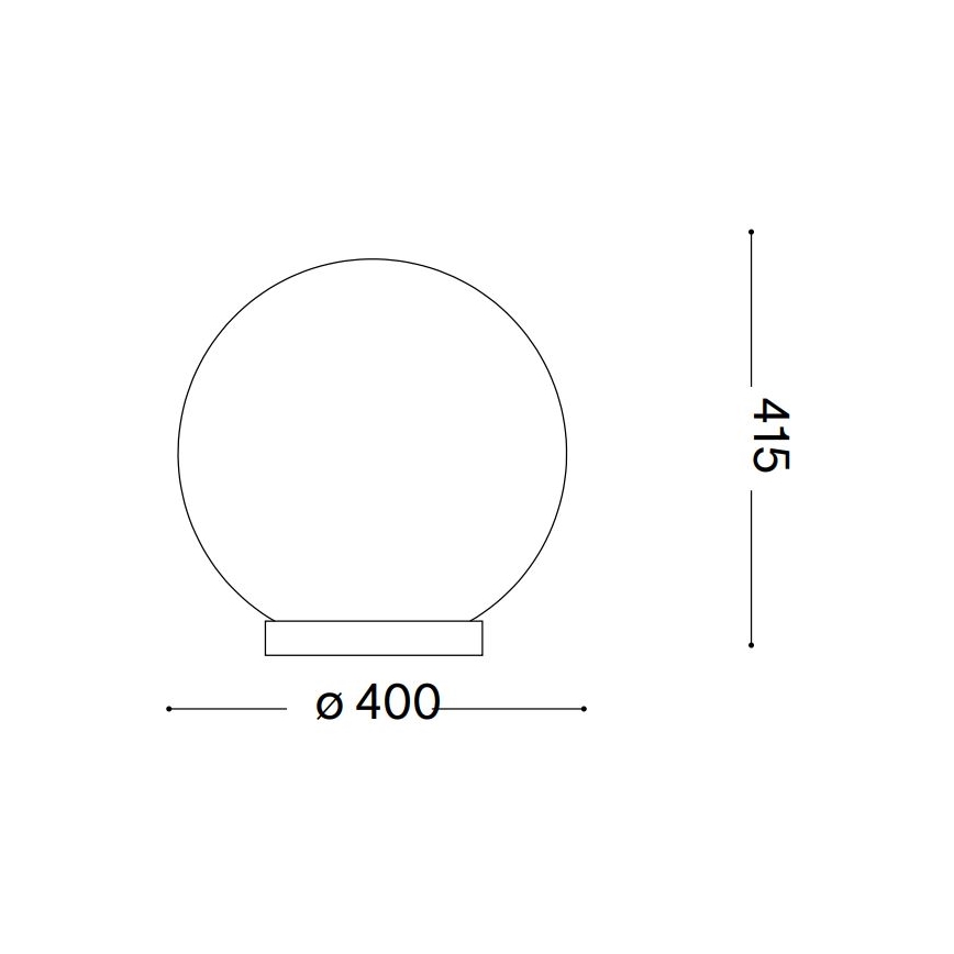 Guľatá lampa s priemerom 400 mm a výškou 415 mm stojí na malej podstave. Je znázornená čiernobielym technickým nákresom.
