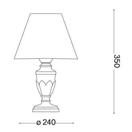 Stolná lampa s kužeľovitým tienidlom stojí na ozdobnej podstavci. Výška lampy je 350 mm, priemer podstavca 240 mm.