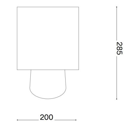 Technický výkres zobrazuje nástennú lampu. Má štvorcový tienidlo a polkruhovú základňu. Rozmery sú 200 mm na šírku a 285 mm na výšku.