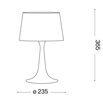 Stolová lampa s kužeľovitým tienidlom a rozšírenou podstavou stojí na bielom pozadí. Rozmery: výška 365 mm, priemer podstavy 235 mm.
