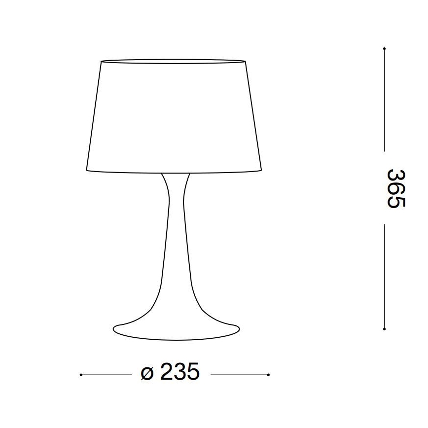 Stolová lampa s kužeľovitým tienidlom a rozšírenou podstavou stojí na bielom pozadí. Rozmery: výška 365 mm, priemer podstavy 235 mm.
