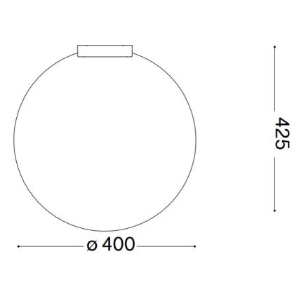 Kresba kruhového svietidla s priemerom 400 mm a výškou 425 mm. Svietidlo je pripevnené k stropu pomocou obdĺžnikového prvku.