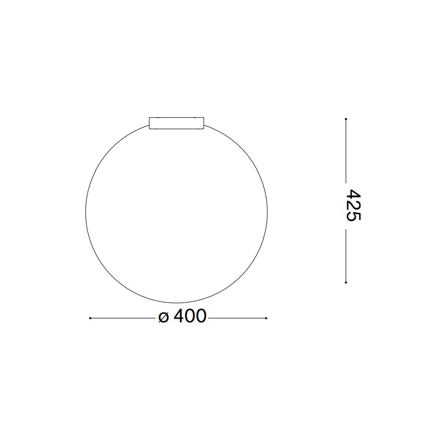 Kresba kruhového svietidla s priemerom 400 mm a výškou 425 mm. Svietidlo je pripevnené k stropu pomocou obdĺžnikového prvku.