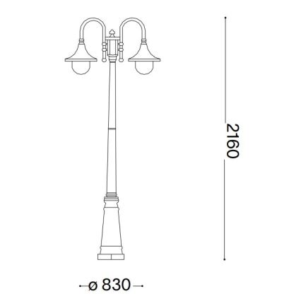 Dvojité pouličné osvetlenie s dvoma lampami na vysokom stĺpe. Výška stĺpa 2160 mm, priemer základne 830 mm.
