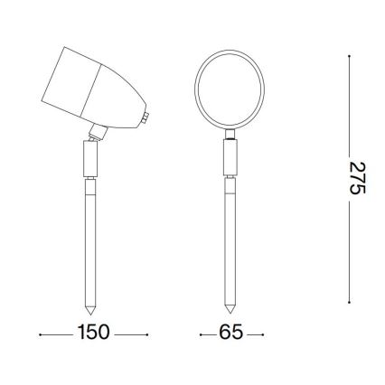 Záhradné svietidlo s nastaviteľným uhlom osvetlenia je na kolíku. Výška svietidla je 275 mm, dĺžka kolíka je 150 alebo 65 mm.