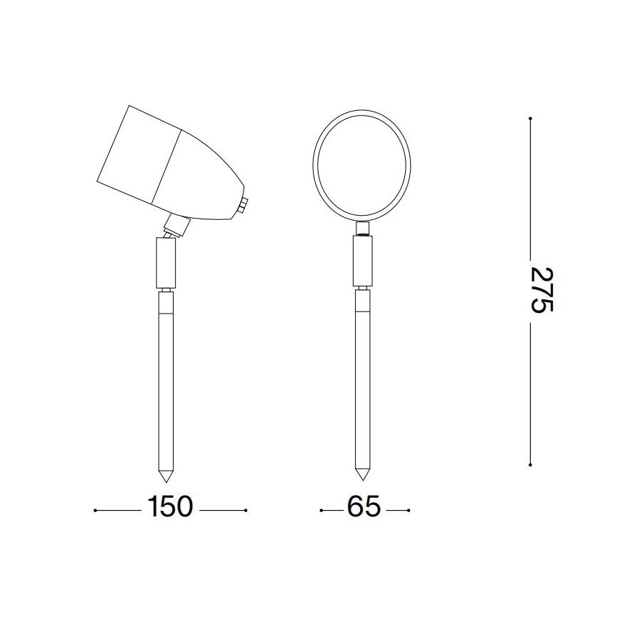 Záhradné svietidlo s nastaviteľnou hlavou je zobrazené v dvoch pohľadoch. Svietidlo je umiestnené na tyči s hrotom, ktorá je zapichnutá do zeme. Rozmery tyče sú 150 a 65 mm, celková výška je 275 mm.