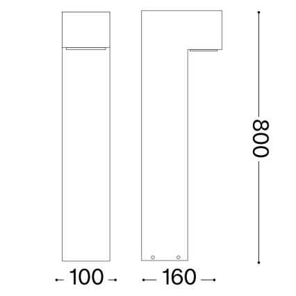Dve svietidlá, jedno priame, druhé ohnuté do pravého uhla, sú zobrazené v technickom výkrese. Svietidlo má rozmery 100x800 mm a 160x800 mm.