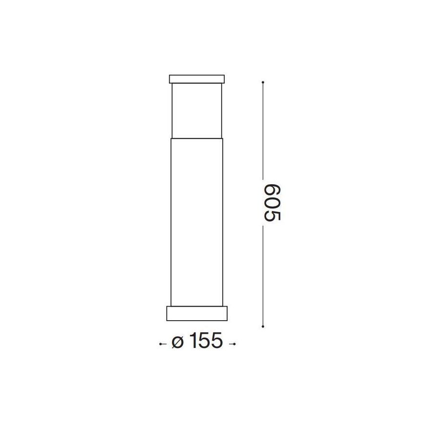 Stojaca lampa s vysokým valcovým telom a štvorcovým vrchnákom stojí na kruhovom podstavci s priemerom 155 mm. Celková výška lampy je 605 mm.