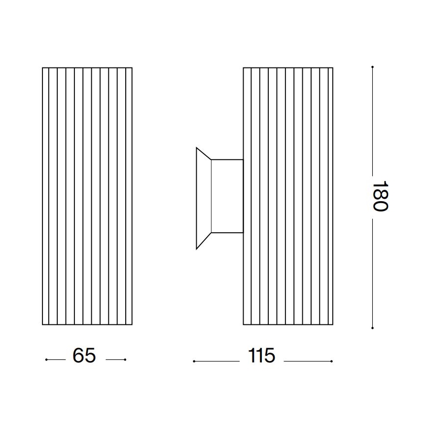 Nástenná lampa s vertikálnymi drážkami je zobrazená v dvoch pohľadoch. Rozmery: výška 180 mm, šírka 65 a 115 mm.