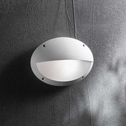 Biela oválna nástenná lampa je pripevnená na tmavosivej stene. Lampa je osvetľovacím telesom. Svetlo vyžaruje z jej vnútornej, mliečne bielej časti.