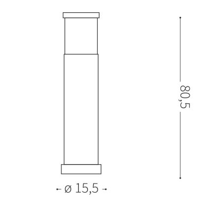Technický výkres zobrazuje stĺpikovú lampu. Lampa je vysoká 80,5 cm a má priemer základne 15,5 cm. Je zložená z troch častí: štvorcovej hornej časti, stredového stĺpika a štvorcovej spodnej časti.