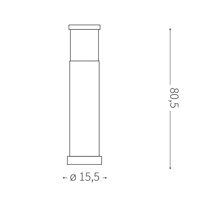 Technický výkres zobrazuje stĺpikovú lampu. Lampa je vysoká 80,5 cm a má priemer základne 15,5 cm. Je zložená z troch častí: štvorcovej hornej časti, stredového stĺpika a štvorcovej spodnej časti.