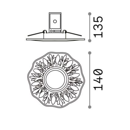 Technický výkres stropného svietidla s okrúhlou ozdobnou krytkou s rozmermi 140 x 135 mm. Svietidlo je pripevnené k stropu. Krytka má ornamentálny vzor.