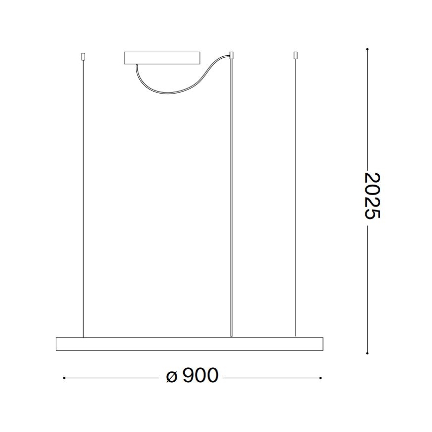 Závesné svietidlo s dlhým stredovým prvkom a dvoma kratšími bočnými visiacimi ramenami, pripevnenými k obdĺžnikovej základni s rozmermi ø 900 mm. Celková výška svietidla je 2025 mm.