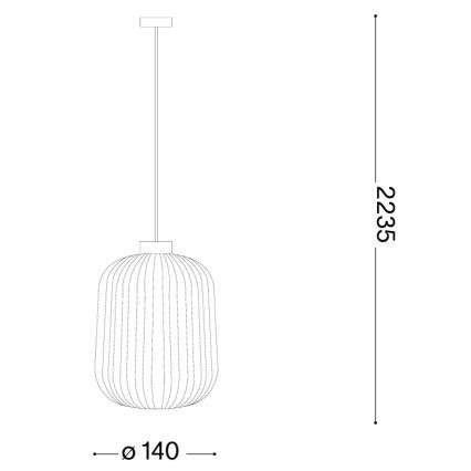 Závesné svietidlo s valcovitým tienidlom s vertikálnymi ryhami, visiace zo stropu. Priemer tienidla je 200 mm, celková výška 2300 mm.