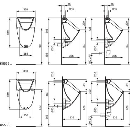 Ideal Standard K553901 - Pisoár EUROVIT, horné pripojenie, zadný odtok, keramika/biela