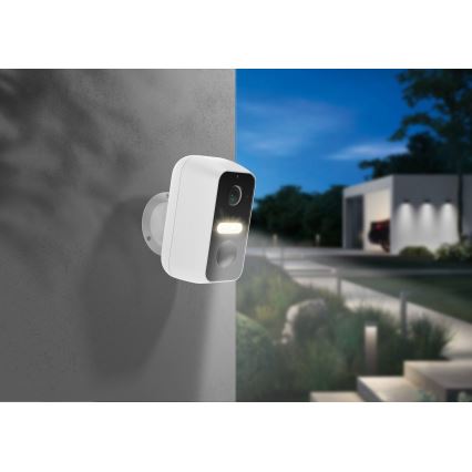 Inteligentná vonkajšia kamera s pohybovým senzorom, 2K rozlíšením, batériou 9600 mAh, IP65, Wi‑Fi Tuya, biela