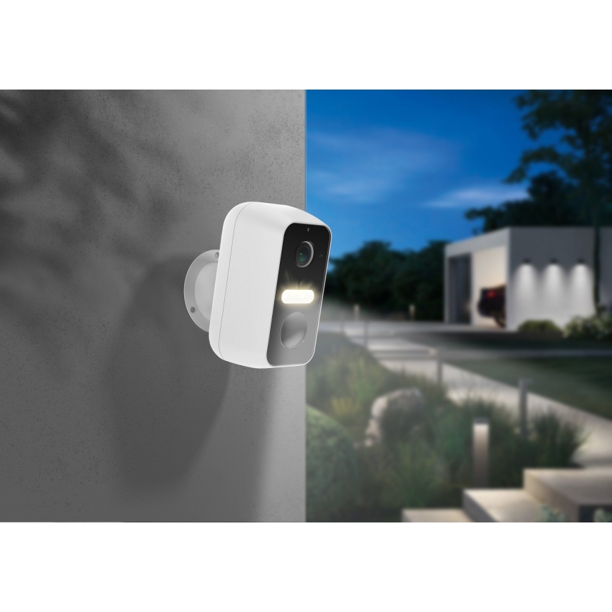 Inteligentná vonkajšia kamera s pohybovým senzorom, 2K rozlíšením, batériou 9600 mAh, IP65, Wi‑Fi Tuya, biela