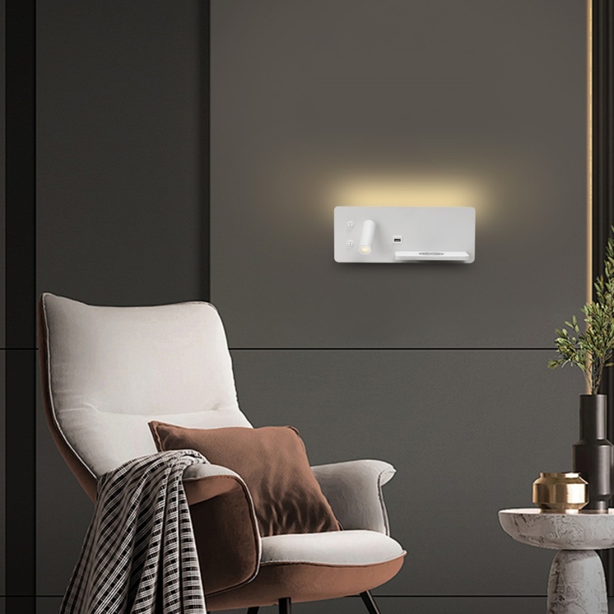 Immax 08285L - LED Nástenné bodové svietidlo s poličkou, USB portom a bezdrôtovým nabíjaním Be PREPARE LED/3W/230V + LED/3W biela