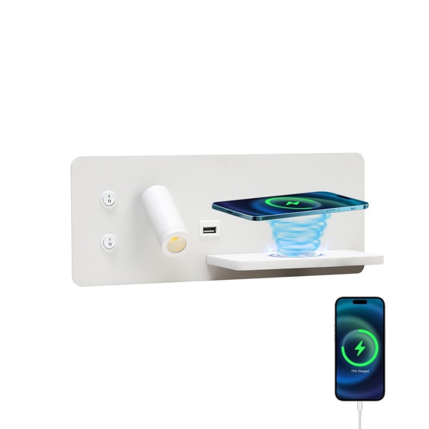 Immax 08285L - LED Nástenné bodové svietidlo s poličkou, USB portom a bezdrôtovým nabíjaním Be PREPARE LED/3W/230V + LED/3W biela