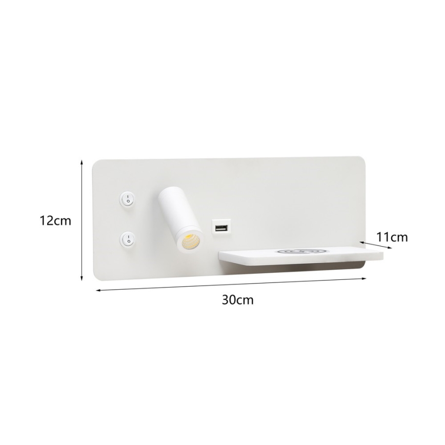 Immax 08285L - LED Nástenné bodové svietidlo s poličkou, USB portom a bezdrôtovým nabíjaním Be PREPARE LED/3W/230V + LED/3W biela