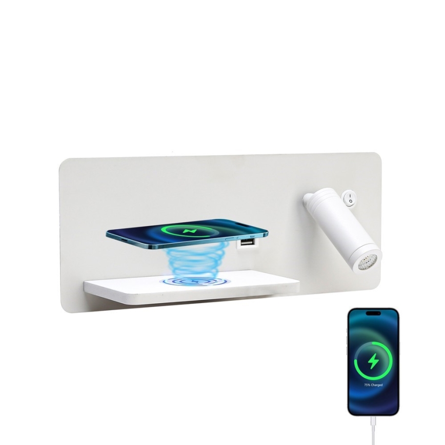 Immax 08286L - LED Nástenné bodové svietidlo s poličkou, USB portom a bezdrôtovým nabíjaním Be PREPARE LED/3W/230V + LED/3W biela
