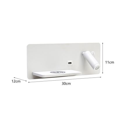 Immax 08286L - LED Nástenné bodové svietidlo s poličkou, USB portom a bezdrôtovým nabíjaním Be PREPARE LED/3W/230V + LED/3W biela