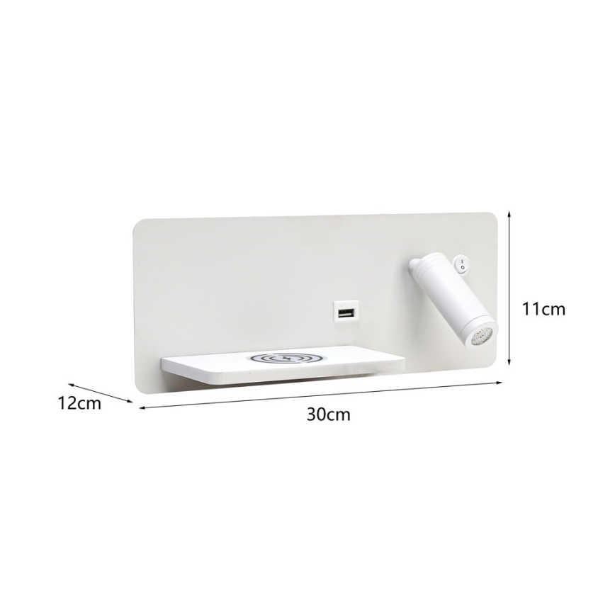 Immax 08286L - LED Nástenné bodové svietidlo s poličkou, USB portom a bezdrôtovým nabíjaním Be PREPARE LED/3W/230V + LED/3W biela