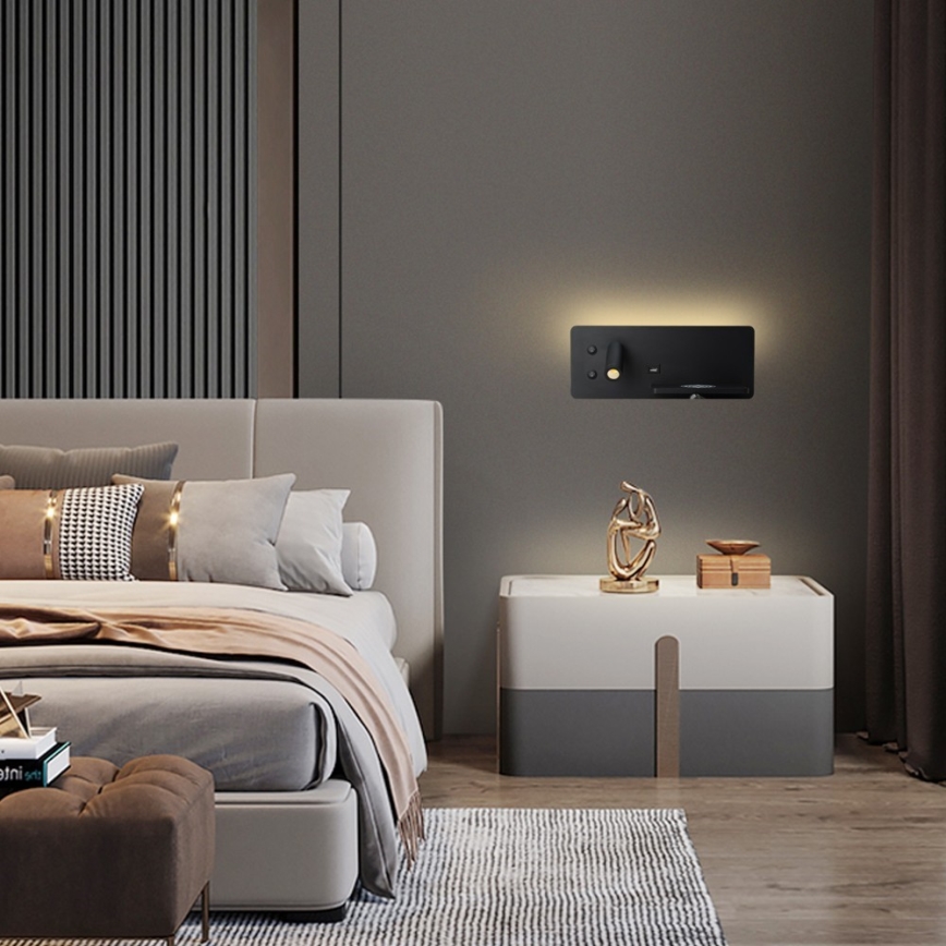 Immax 08287L - LED Nástenné bodové svietidlo s poličkou, USB portom a bezdrôtovým nabíjaním Be PREPARE LED/3W/230V + LED/3W čierna