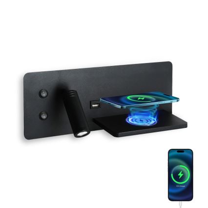 Immax 08287L - LED Nástenné bodové svietidlo s poličkou, USB portom a bezdrôtovým nabíjaním Be PREPARE LED/3W/230V + LED/3W čierna