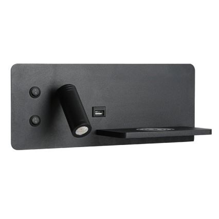 Immax 08287L - LED Nástenné bodové svietidlo s poličkou, USB portom a bezdrôtovým nabíjaním Be PREPARE LED/3W/230V + LED/3W čierna