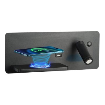 Immax 08288L - LED Nástenné bodové svietidlo s poličkou, USB portom a bezdrôtovým nabíjaním Be PREPARE LED/3W/230V + LED/3W čierna