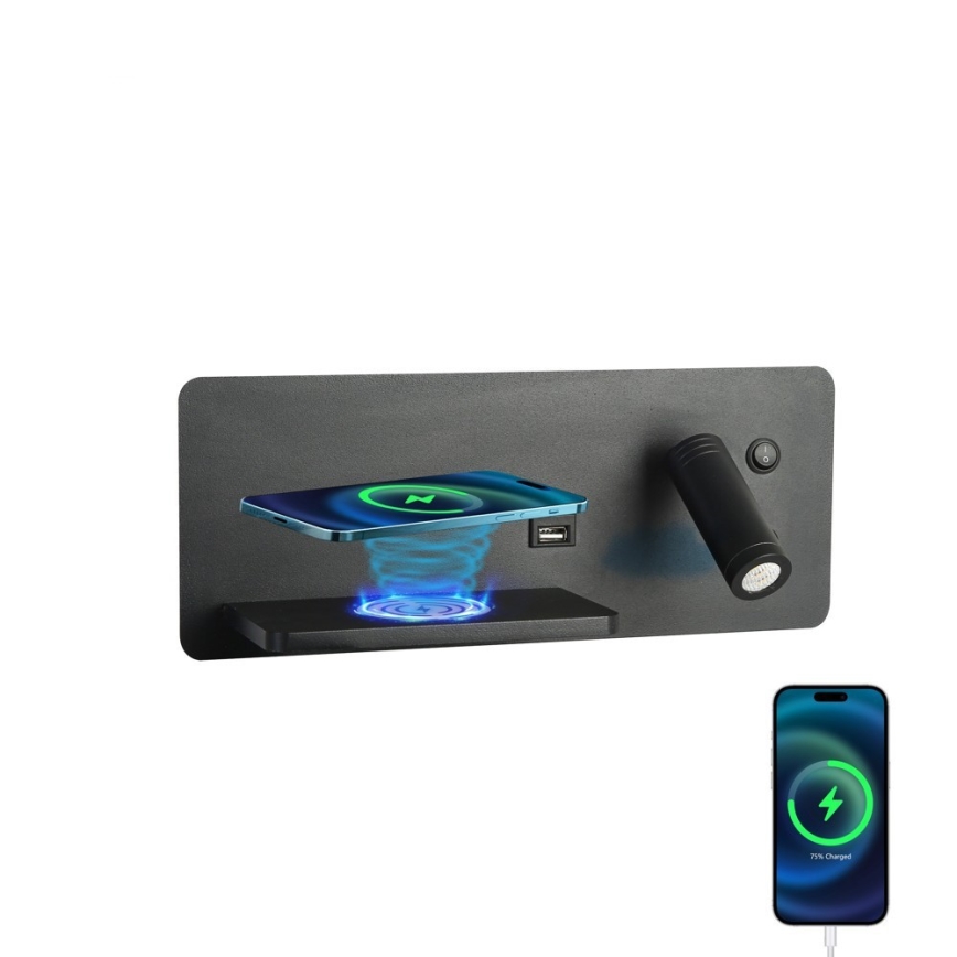 Immax 08288L - LED Nástenné bodové svietidlo s poličkou, USB portom a bezdrôtovým nabíjaním Be PREPARE LED/3W/230V + LED/3W čierna