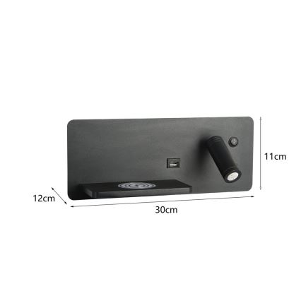 Immax 08288L - LED Nástenné bodové svietidlo s poličkou, USB portom a bezdrôtovým nabíjaním Be PREPARE LED/3W/230V + LED/3W čierna
