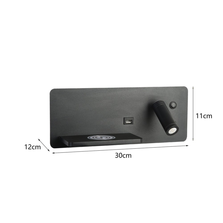 Immax 08288L - LED Nástenné bodové svietidlo s poličkou, USB portom a bezdrôtovým nabíjaním Be PREPARE LED/3W/230V + LED/3W čierna