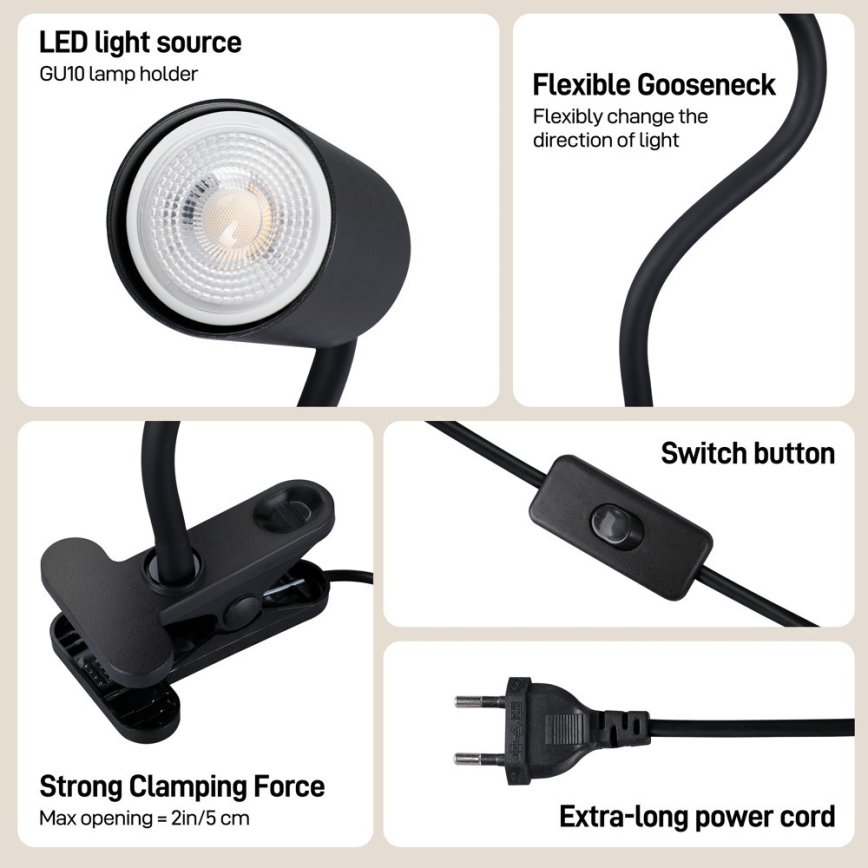 Flexibilná lampa s klipom PUNTO 1xGU10/9W/230V čierna