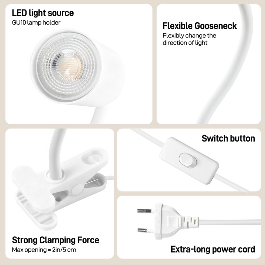 Flexibilná lampa s klipom PUNTO 1xGU10/9W/230V biela
