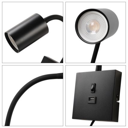 Nástenné svietidlo PUNTO s USB 1xGU10/9W/230V čierne